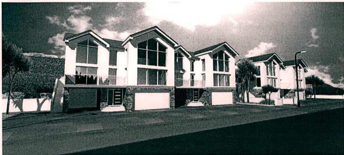 Black and white perspective drawing showing two proposed semi-detached houses with ground floor garages and large windows.