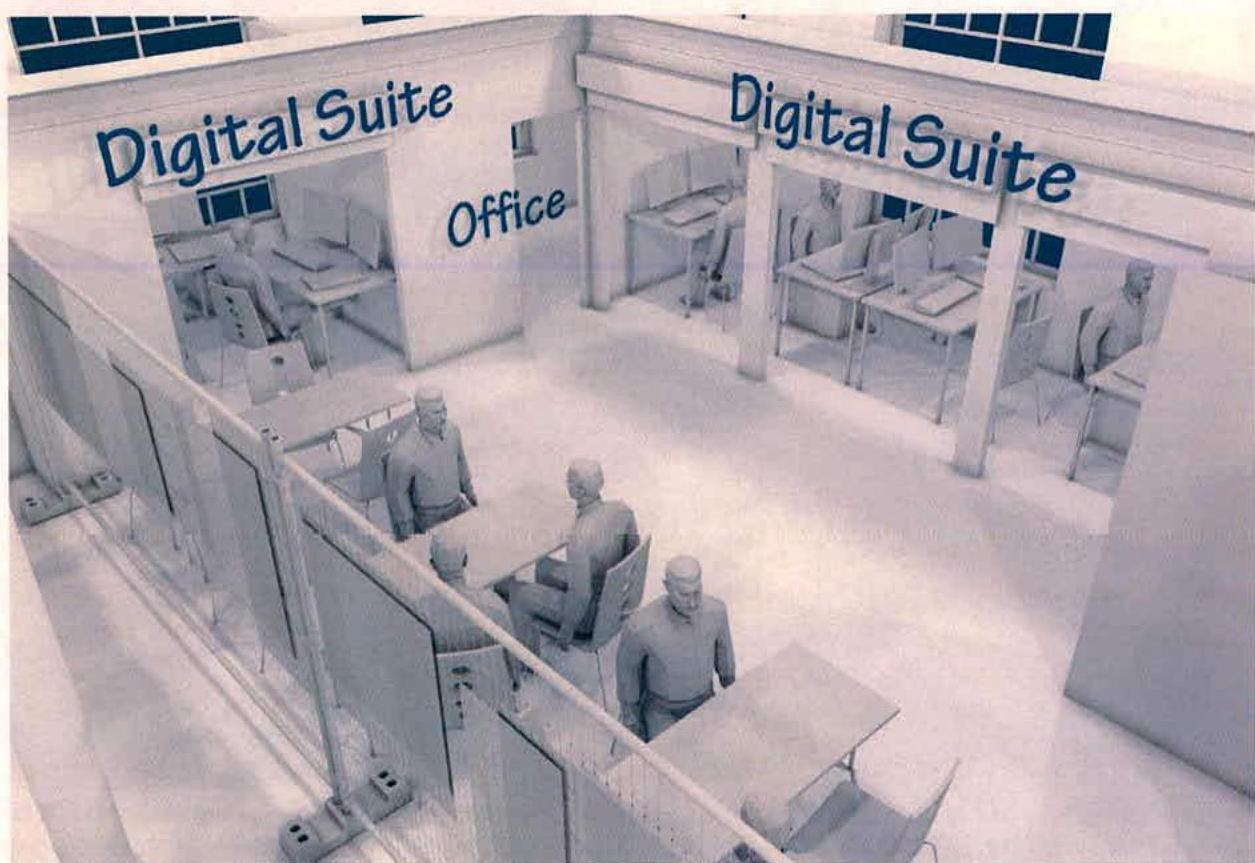 A 3D architectural rendering showing an interior office layout with labeled sections for 'Digital Suite' and 'Office'.
