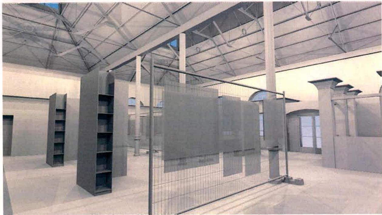 A 3D architectural visualization depicting the interior of a large hall with high trussed ceilings, featuring grey partitions and shelving units.