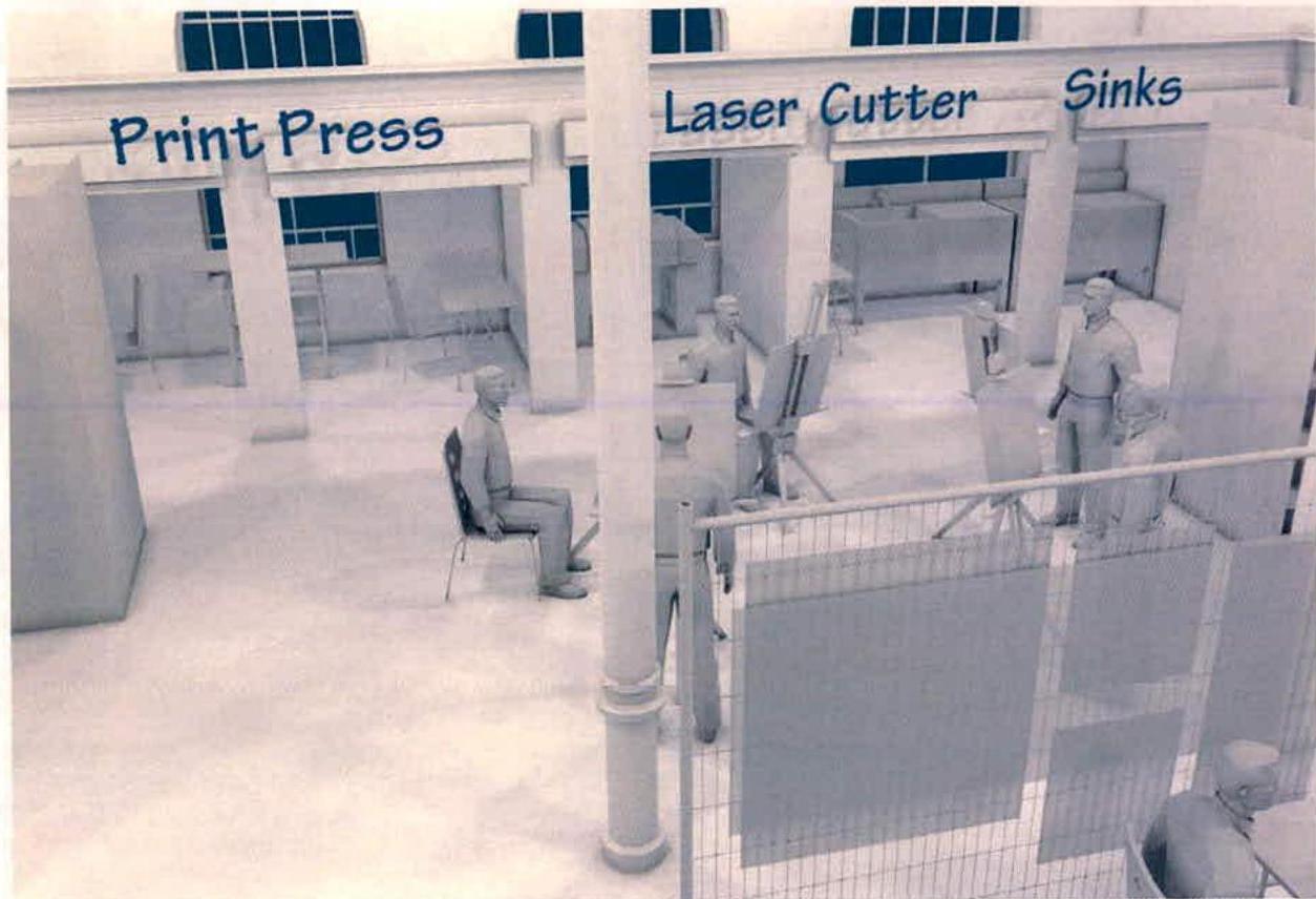 A 3D architectural rendering showing an interior perspective view of a workshop or studio space with labels for equipment like a print press and laser cutter.