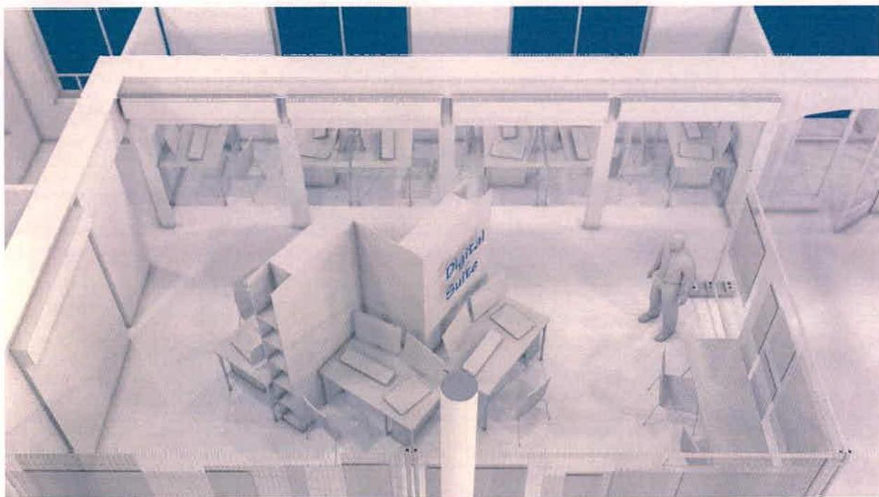 A 3D architectural rendering showing the interior layout of a room labeled 'Digital Suite' with desks and a human figure for scale.