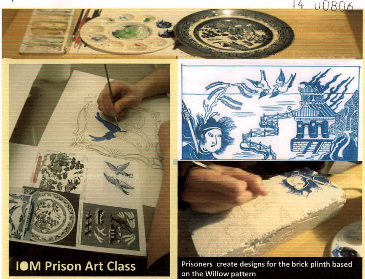 A collage of photographs showing the artistic process and Willow pattern designs for a sculpture plinth, featuring prisoners creating artwork.
