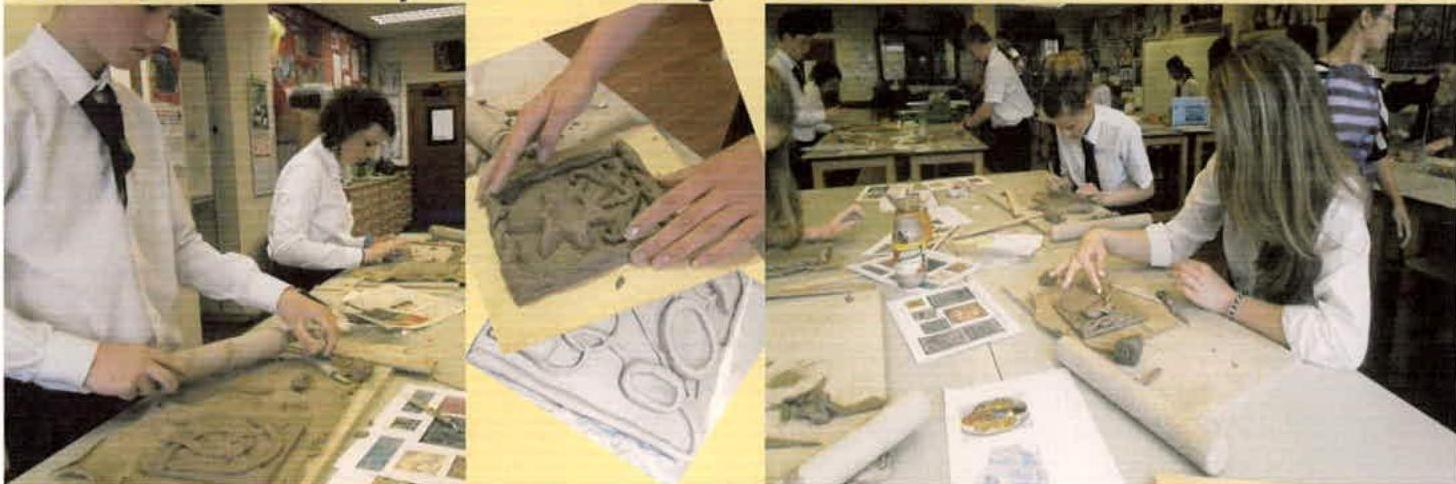 A triptych photograph showing students or artists working on relief sculptures in a workshop setting, likely illustrating the design or creation process for the proposed works.