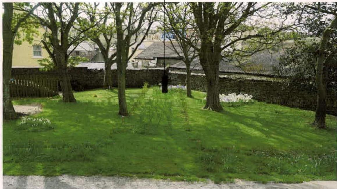 A photograph showing a grassy area with mature trees and a stone wall, likely depicting the Cathedral grounds mentioned in the application.