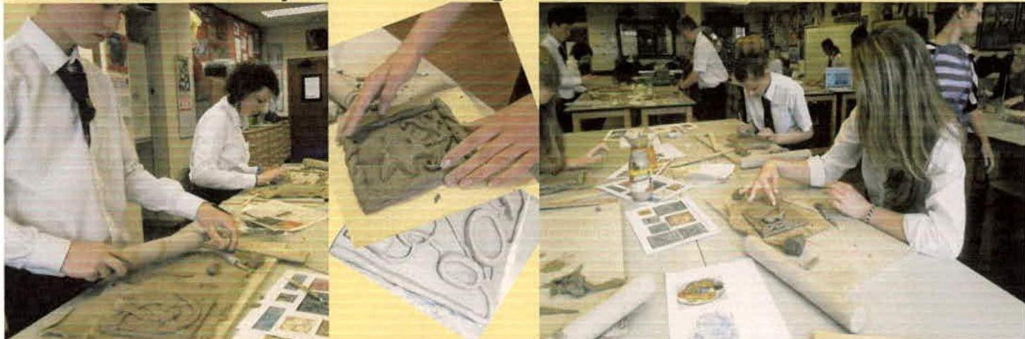 A collage of three photographs showing students or artists working on sculptures in a workshop, including close-ups of hands carving clay.