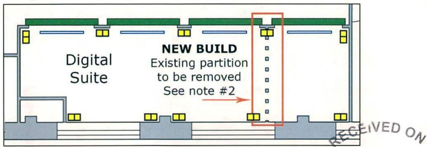 This image displays an architectural floor plan for a 'Digital Suite' and a 'NEW BUILD' section, indicating an existing partition to be removed.
