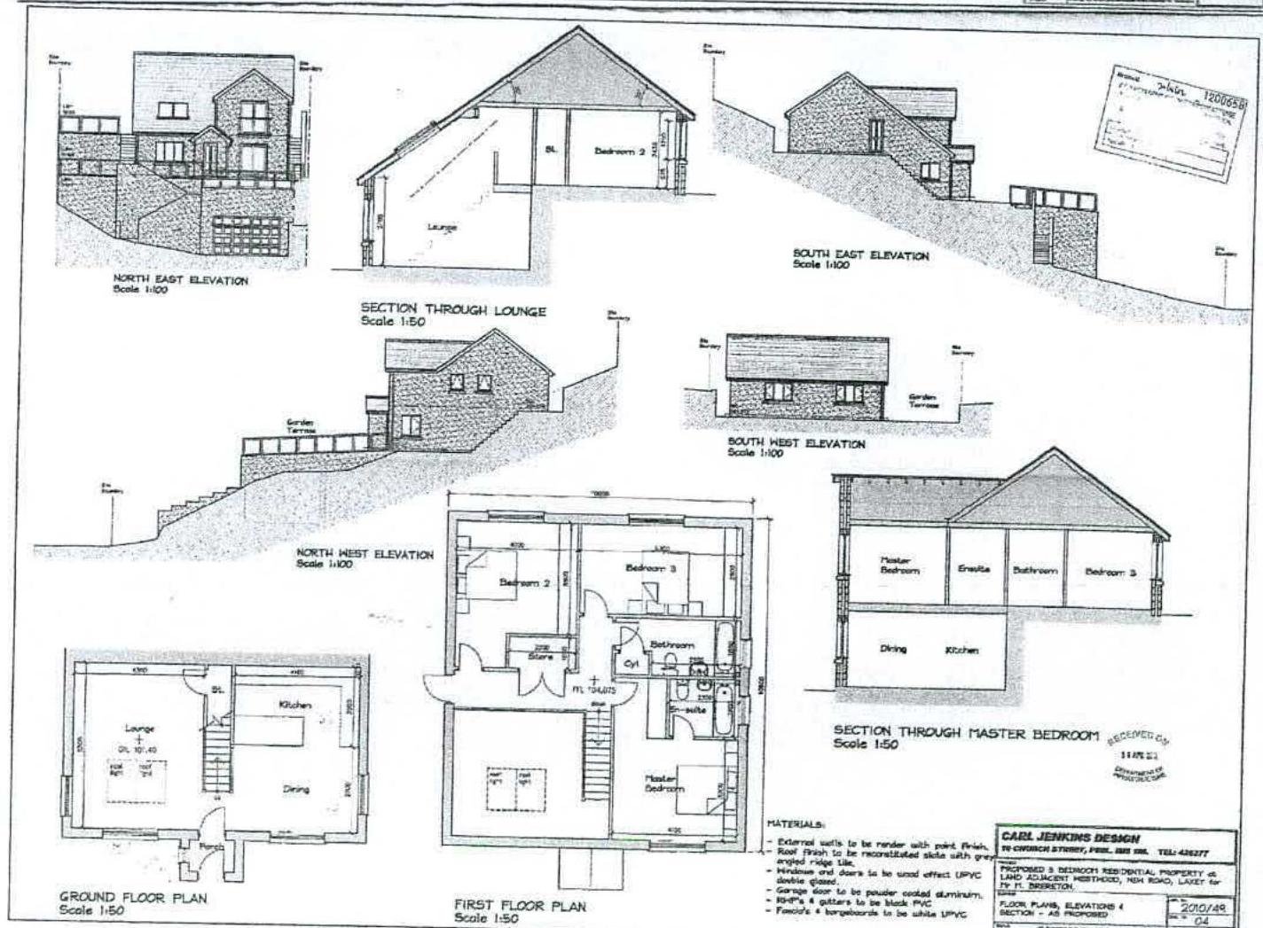 Architectural drawing sheet displaying floor plans, elevations, and sections for a proposed detached residential property.