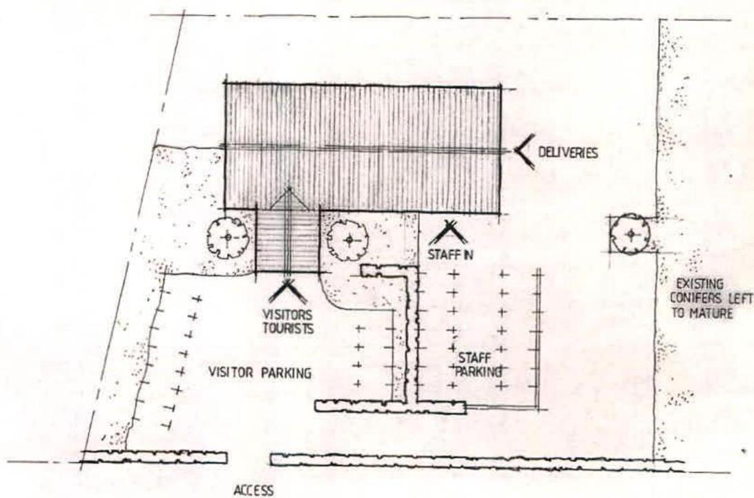 This image shows a site layout plan for a proposed light industrial unit, detailing the building footprint, parking areas for visitors and staff, and access points. It includes annotations for deliveries, existing con...