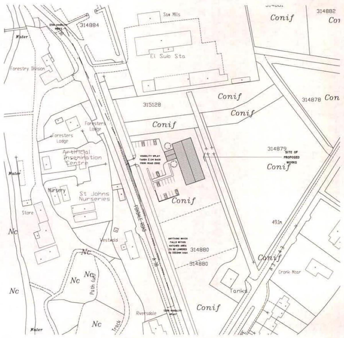 This image displays a site plan showing the location of proposed works adjacent to St Johns Nurseries and a Forestry Division area. It highlights the proposed building footprint, parking areas, and surrounding vegetat...
