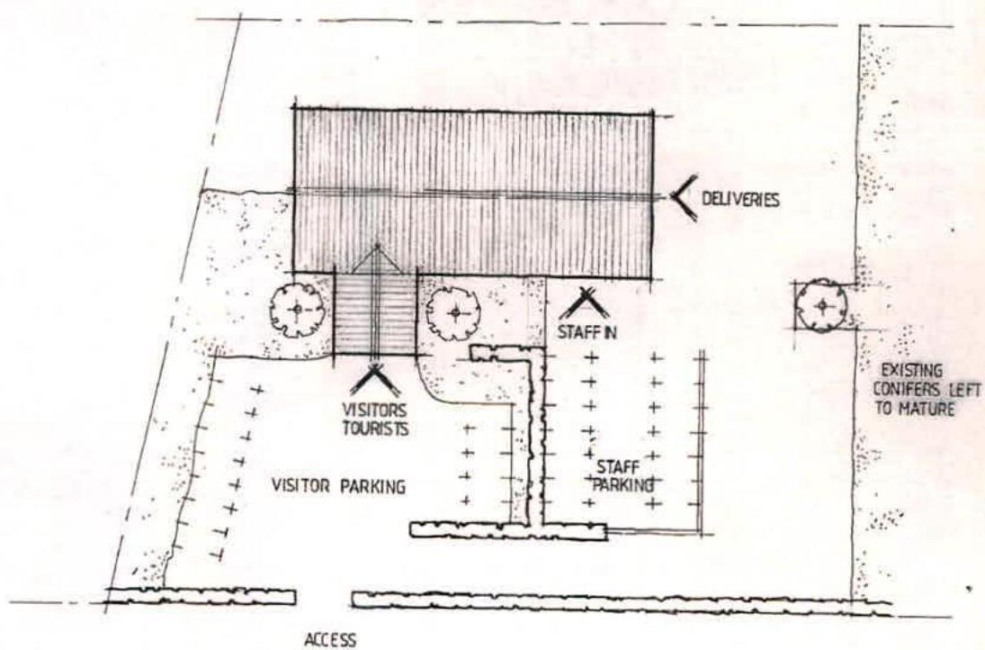 A hand-drawn site plan illustrating the layout of a light industrial unit, detailing parking zones for visitors and staff, access points, and existing landscaping.