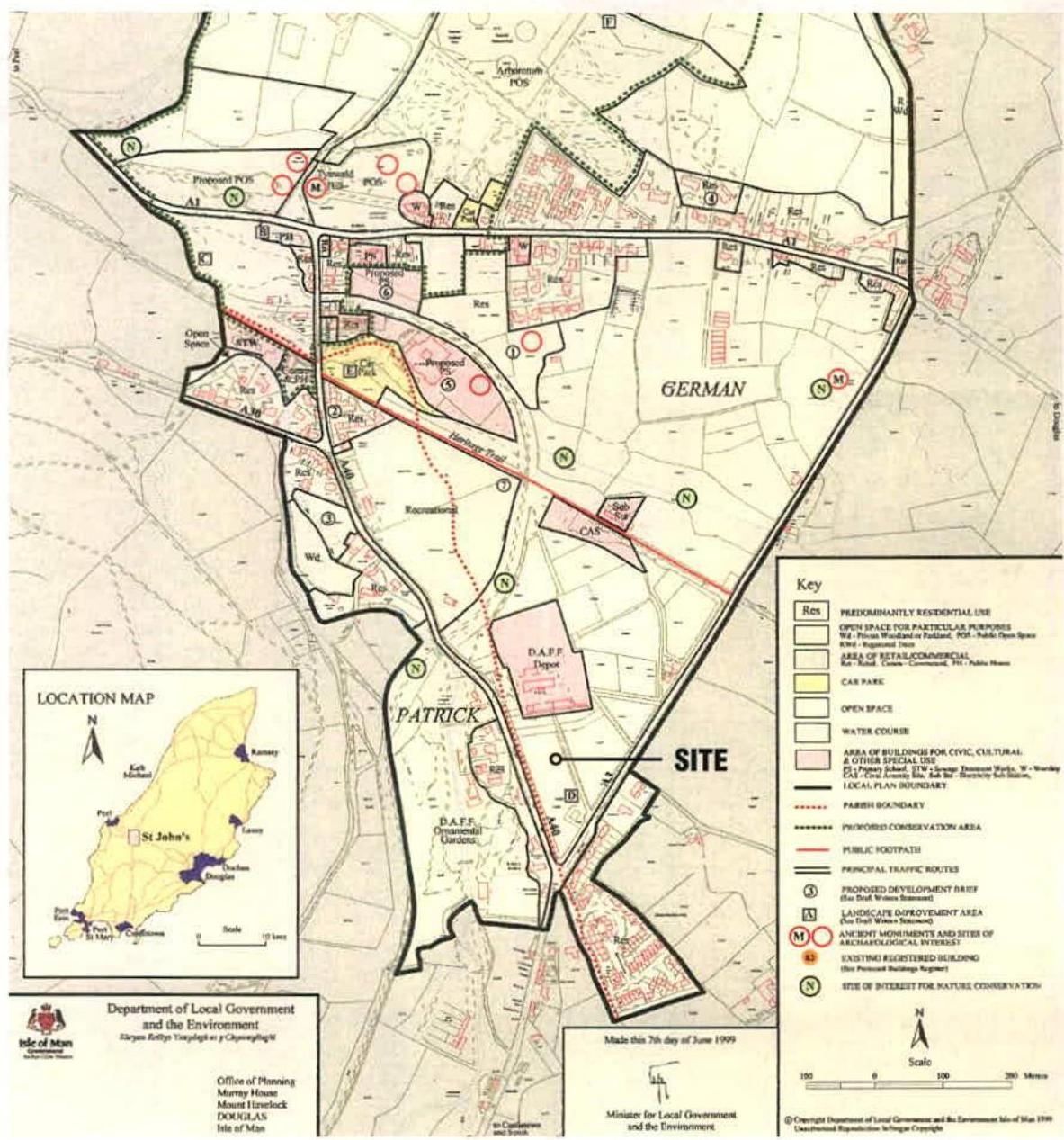 A planning map from the Isle of Man Department of Local Government showing land use zones in the German and Patrick parishes with a specific site marked.
