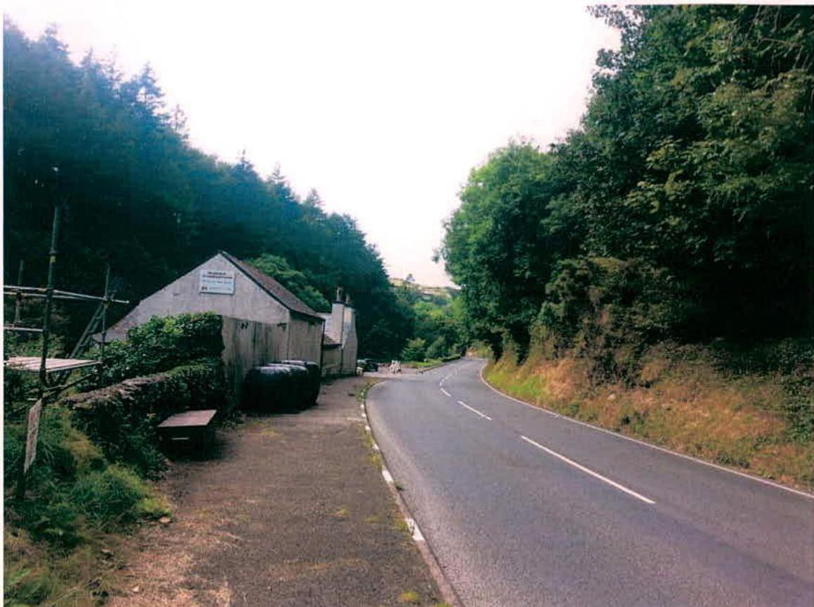 A photograph showing a white building with scaffolding situated next to a winding rural road, surrounded by dense trees and vegetation.