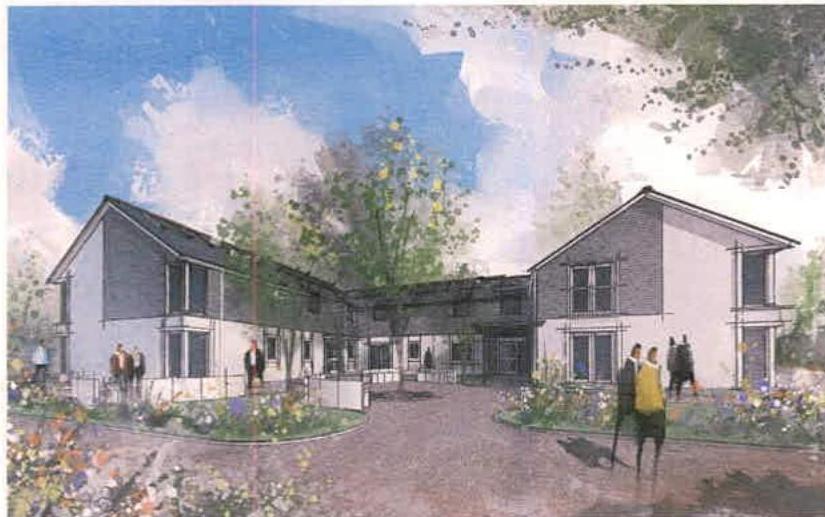The image displays a watercolor-style architectural rendering of a proposed residential development featuring multiple units, a driveway, and surrounding landscaping.