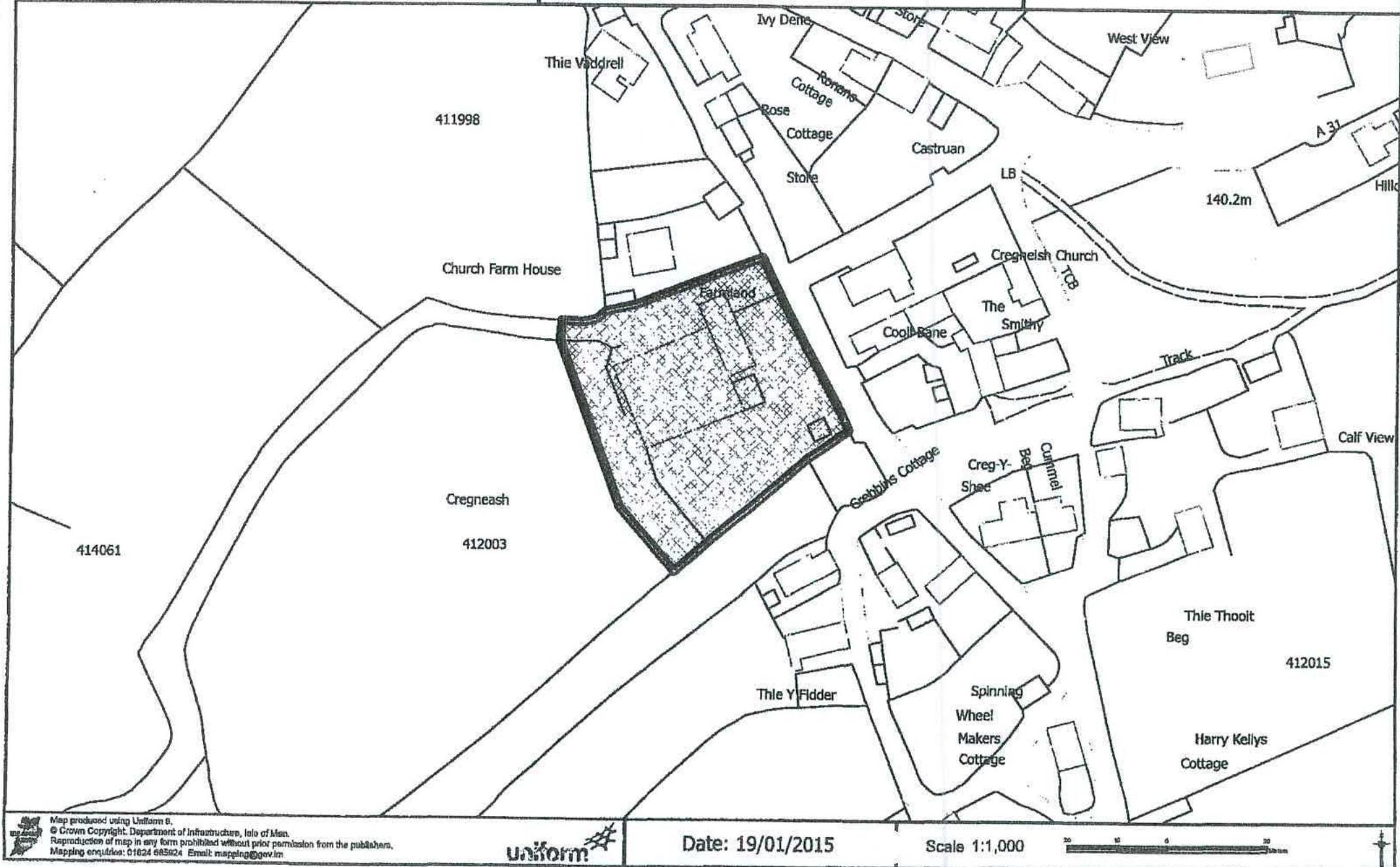 A black and white site location plan showing the application area highlighted with hatching, surrounded by rural buildings and fields.