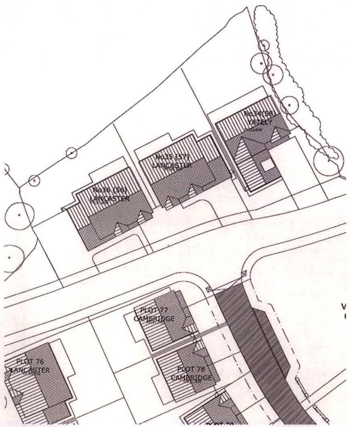A site plan showing the layout of a residential development with multiple detached houses labeled with names like 'Lancaster' and 'Cambridge' alongside trees and boundaries.