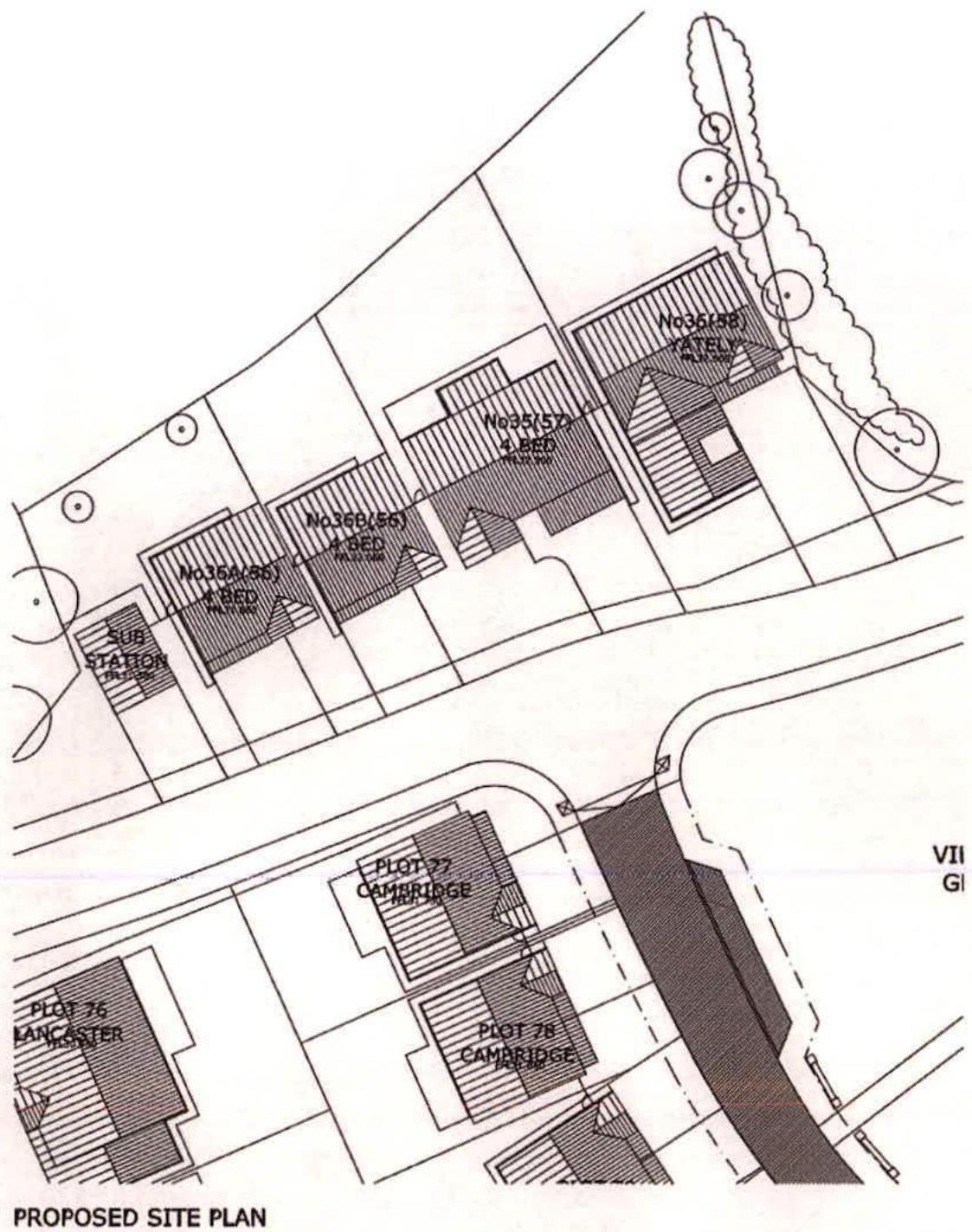 A black and white proposed site plan showing the layout of four new dwellings and a substation alongside existing properties.