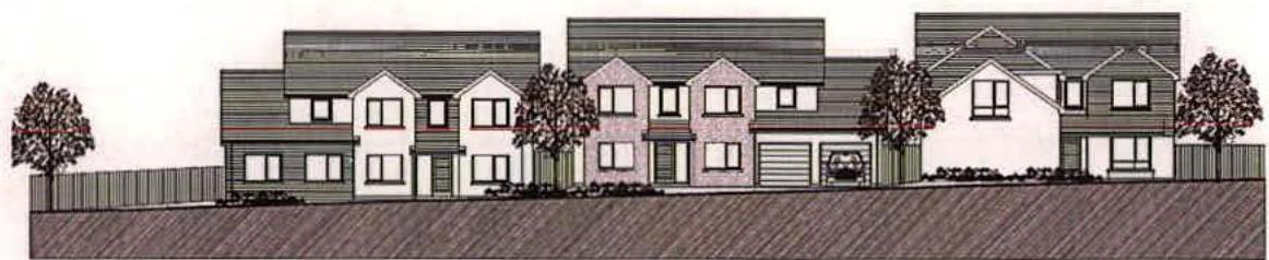 Architectural elevation drawing showing a row of four proposed detached dwellings with integral garages on a sloping site.