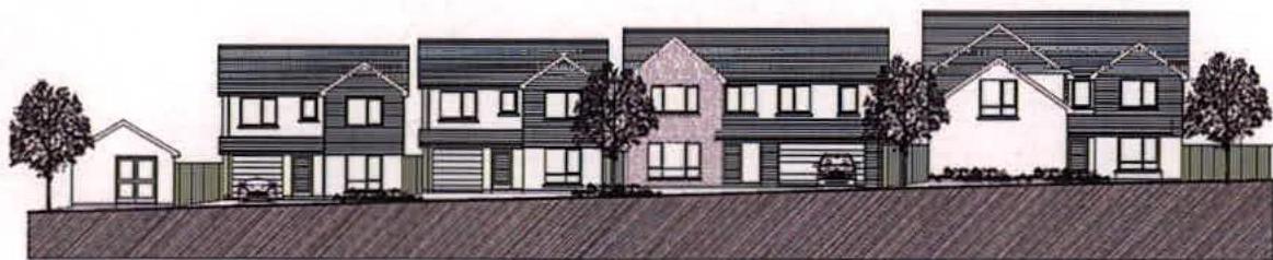 Architectural elevation drawing depicting a row of four modern detached dwellings with integral garages and landscaping.