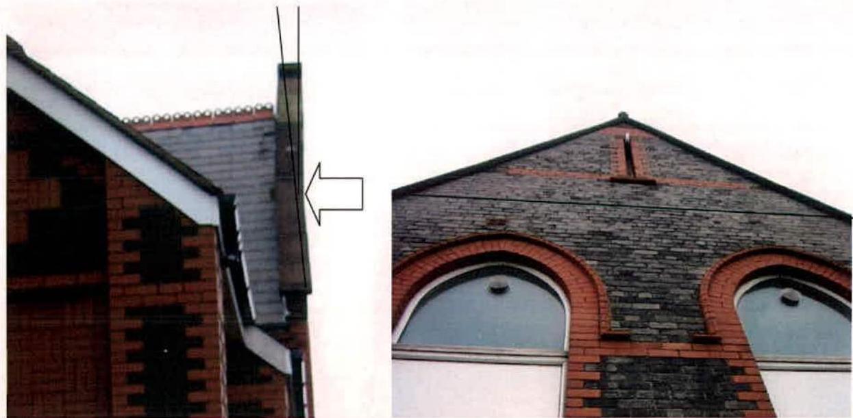 Side-by-side photographs showing the upper gable end and roofline of a brick building, with an arrow indicating a specific chimney or parapet detail.