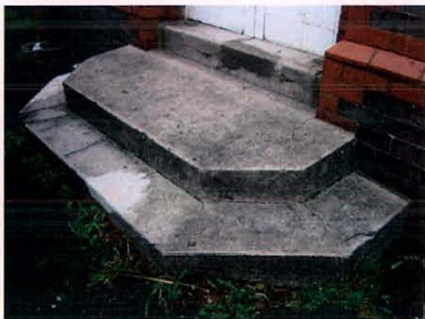 A photograph showing a set of wide concrete steps leading up to a brick building entrance with some vegetation nearby.