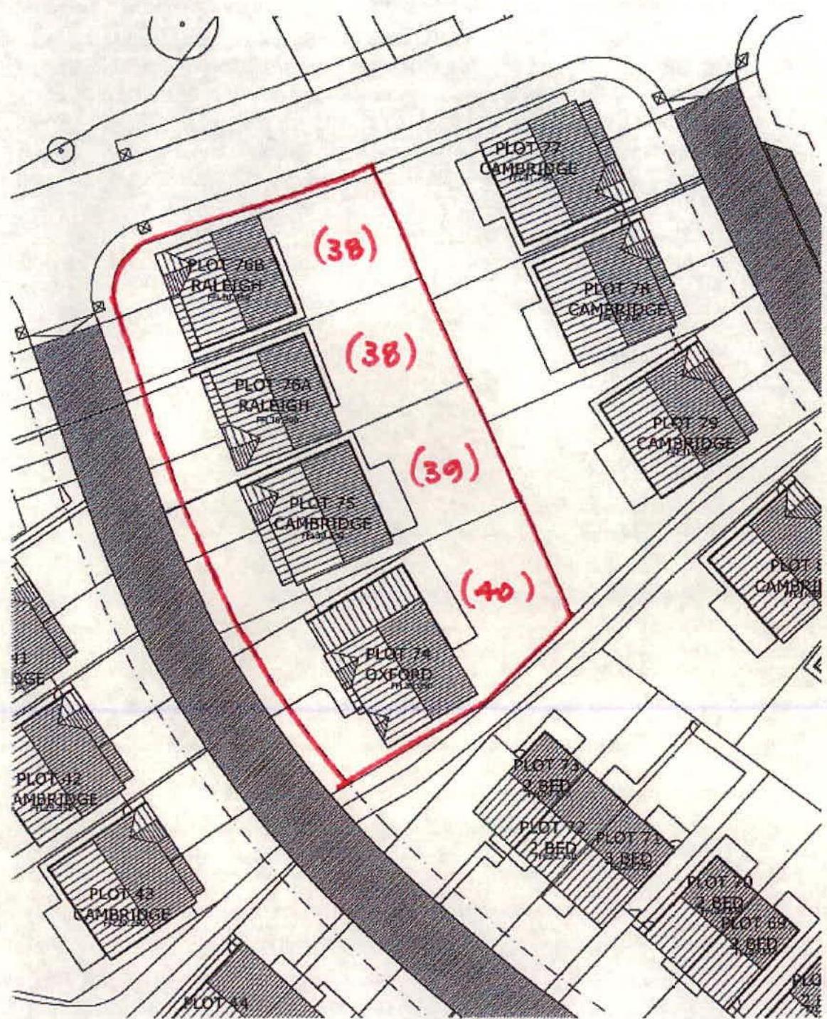 A site plan showing a housing development with labeled plots and a red boundary line highlighting a specific section of four plots.