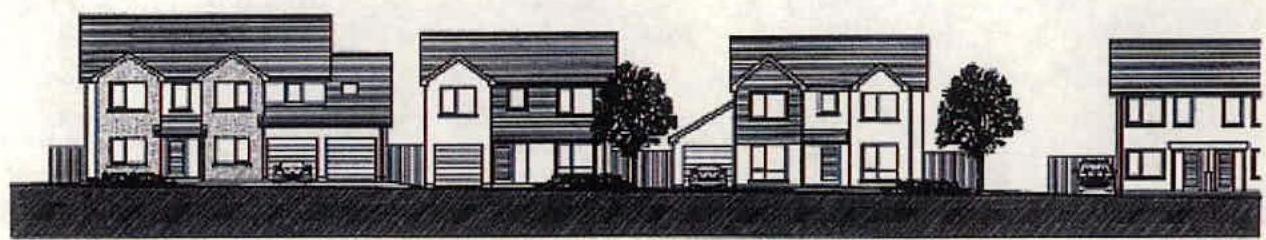 Architectural elevation drawing showing four detached two-storey houses with garages and landscaping.