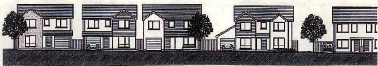 Architectural elevation drawing depicting a row of proposed detached houses with garages and landscaping.