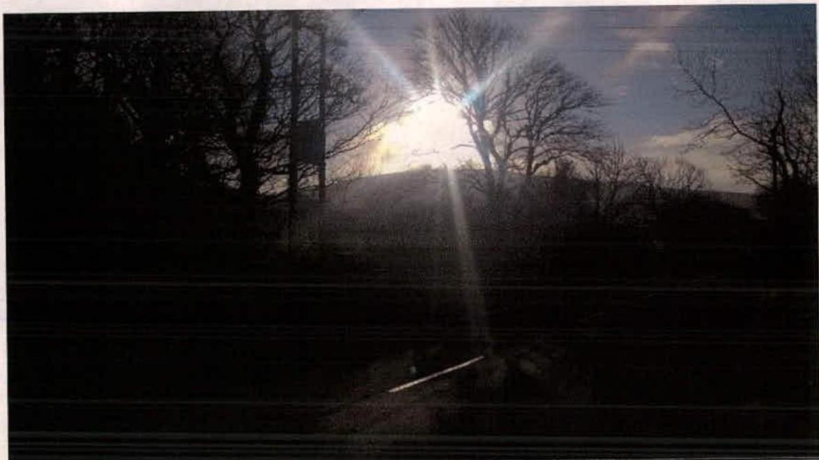 A dark, silhouetted photograph showing trees and a hill against a bright sun, likely depicting the rural surroundings of the proposed site.