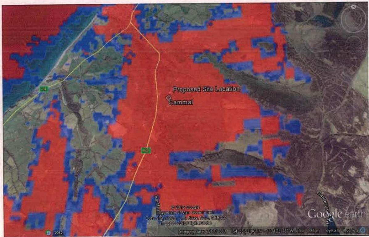A Google Earth satellite image displaying the proposed site location near Cammal with red and blue overlay zones indicating specific areas or land use.