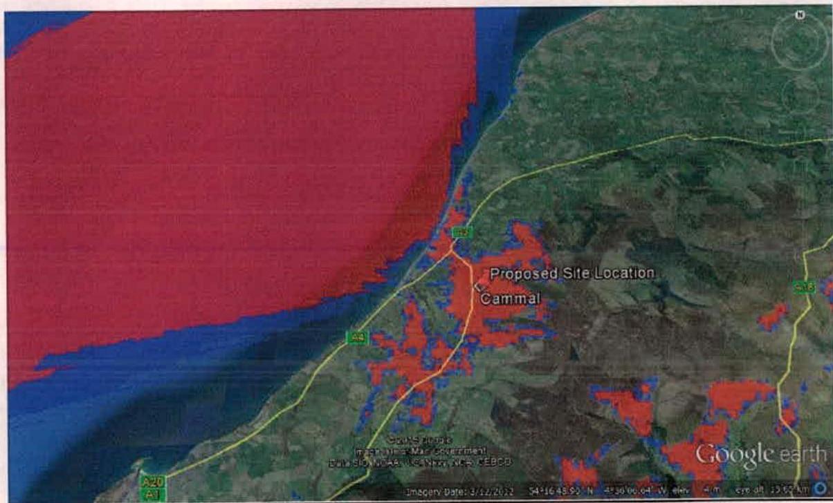 This image displays a Google Earth satellite map showing a coastal area with red and blue overlays indicating specific zones. It marks a 'Proposed Site Location' near Cammal, likely for the radio mast mentioned in the...