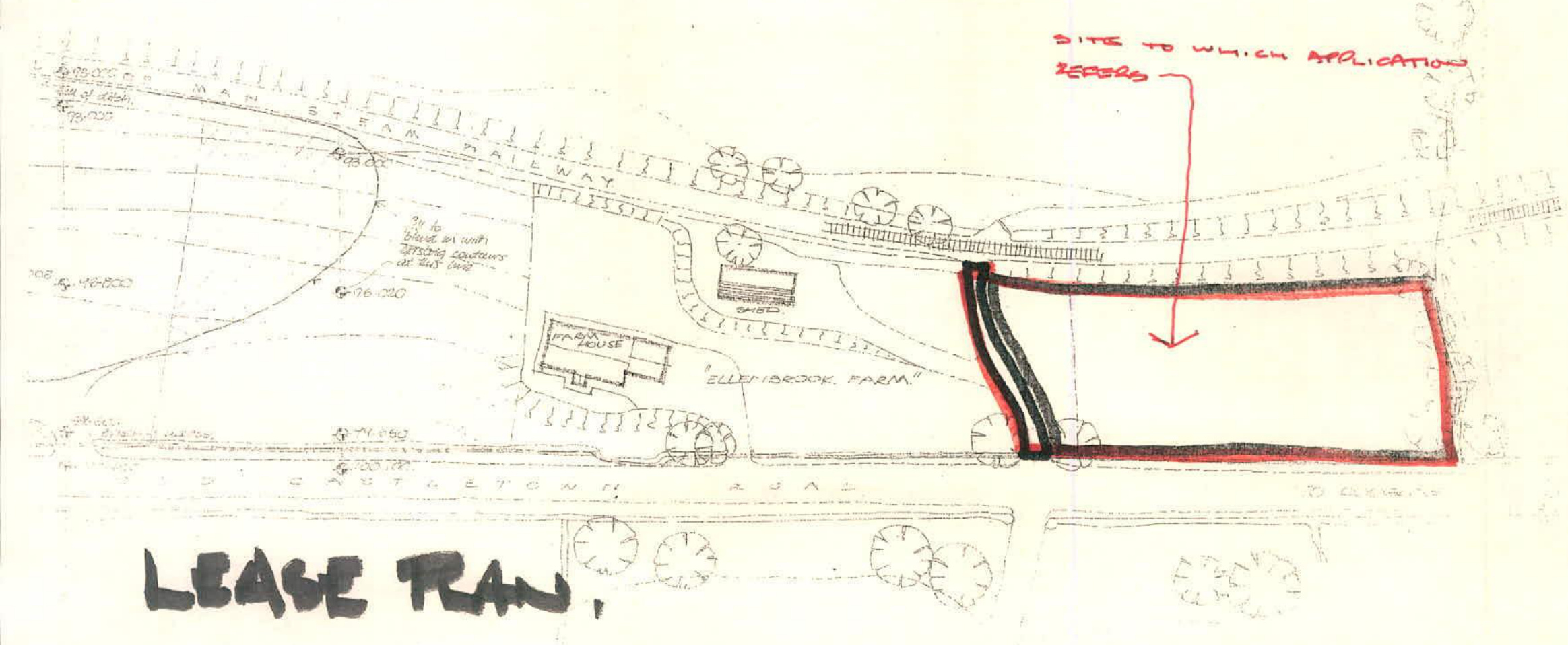 A hand-drawn sketch labeled 'LEASE PLAN' showing a site boundary outlined in red near a railway and Ellenbrook Farm.