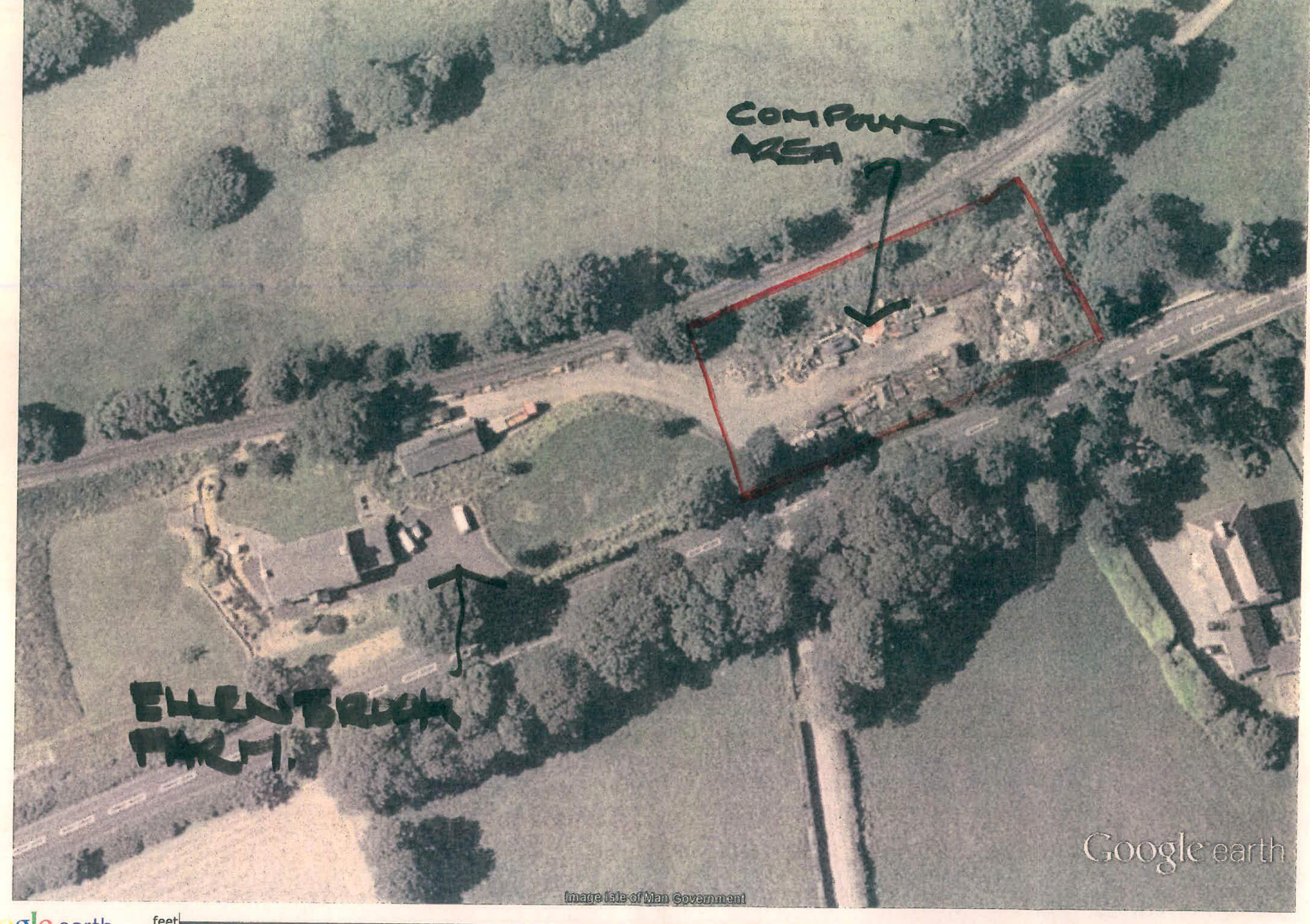 An aerial site plan showing a rural property with handwritten annotations identifying a 'Compound Area' outlined in red and 'Ellenbrook Farm'.