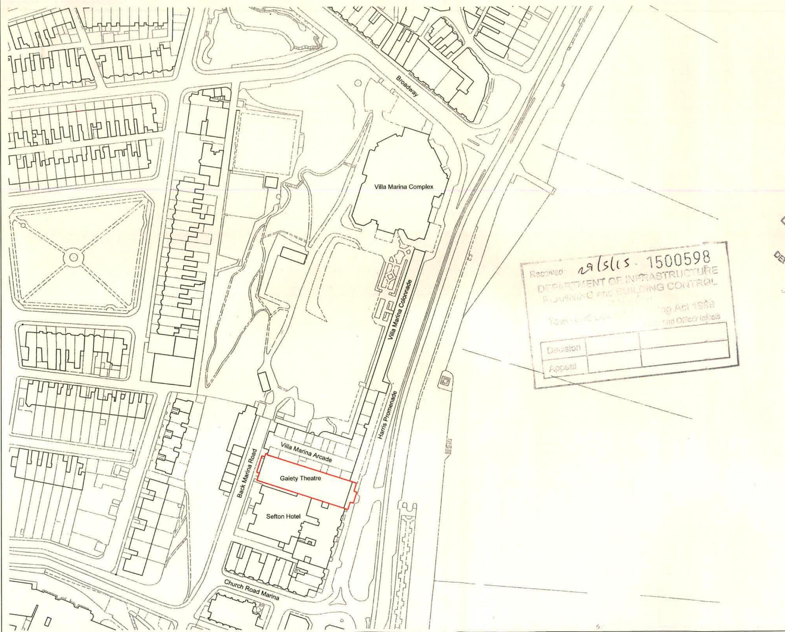 A black and white site plan showing the location of the Gaiety Theatre and surrounding buildings like the Sefton Hotel and Villa Marina Complex, with the application site outlined in red.