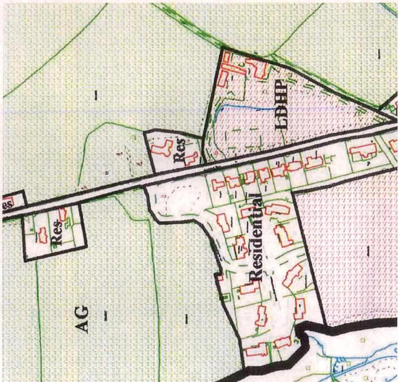 A zoning map showing land use designations including residential (Res), agricultural (AG), and a specific development area (LDHP) with building footprints outlined in red.