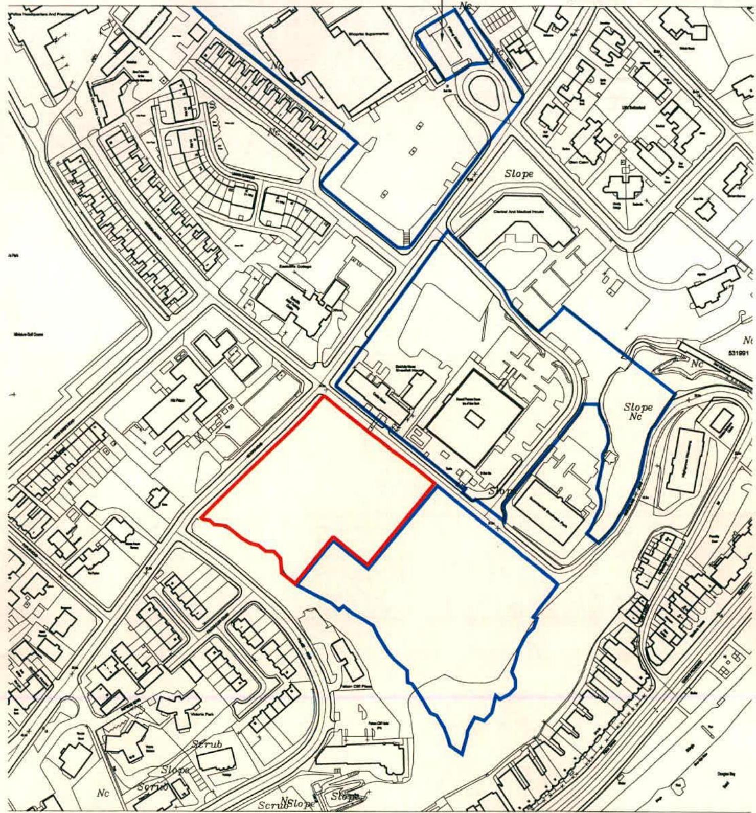 A site location plan showing the proposed development site outlined in red, surrounded by existing buildings and roads.