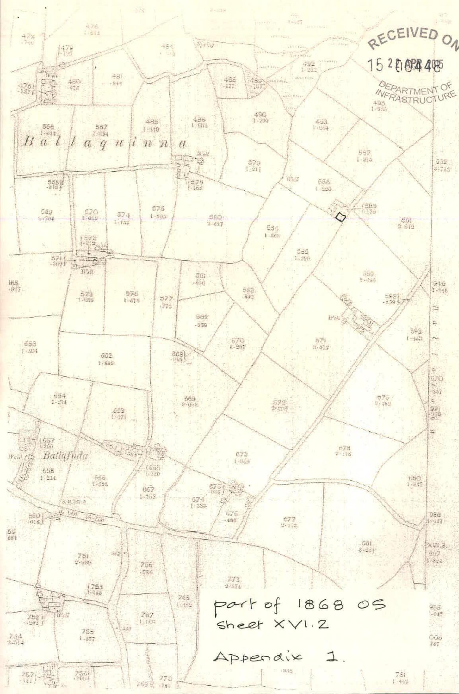 This image displays a historical 1868 Ordnance Survey map showing land parcels, field boundaries, and place names like Ballaguinna and Ballafode. It serves as a location plan or historical context document for the pla...