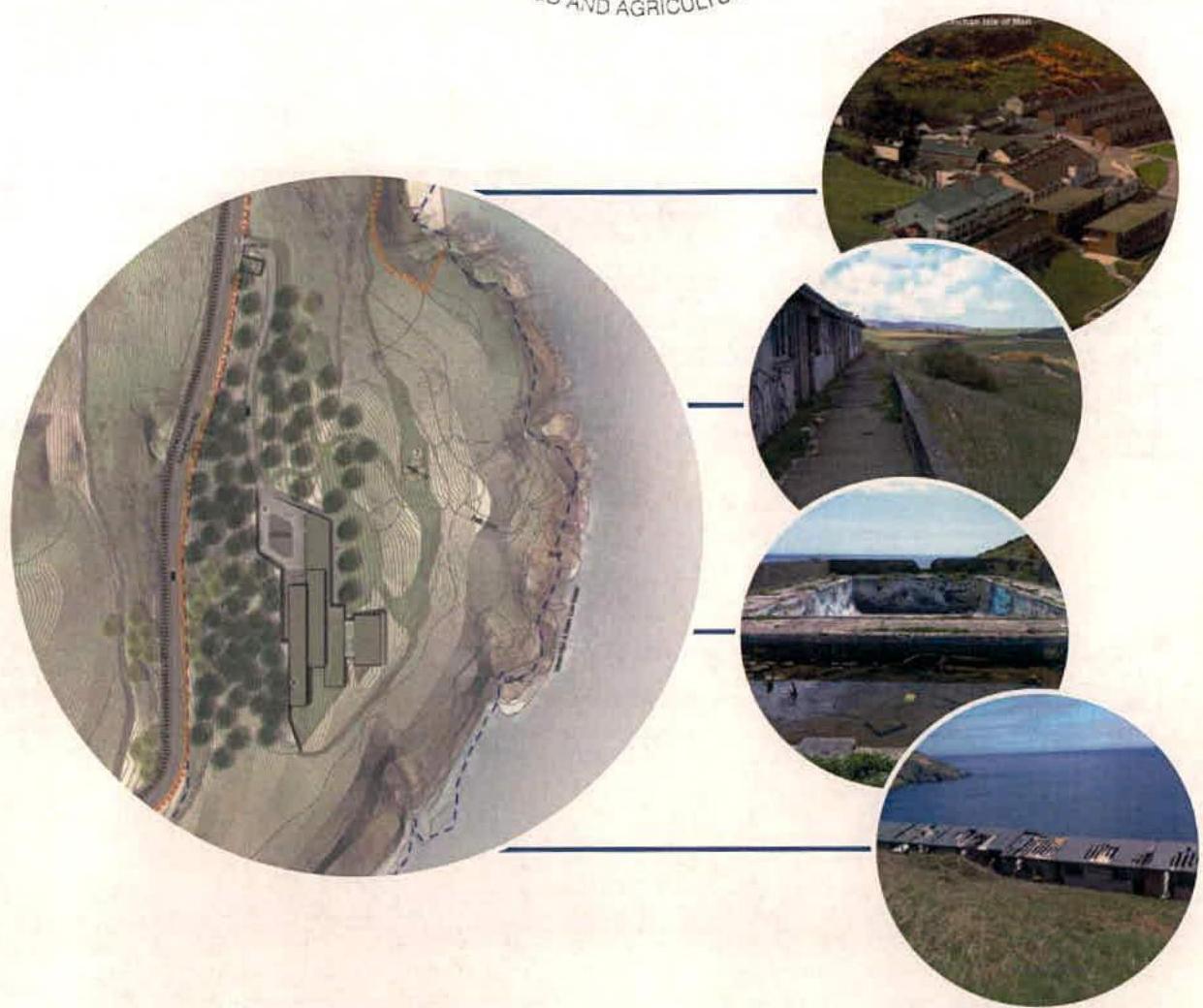 A composite planning document page featuring a large site layout plan or render on the left and four circular context photographs of the coastal site on the right.