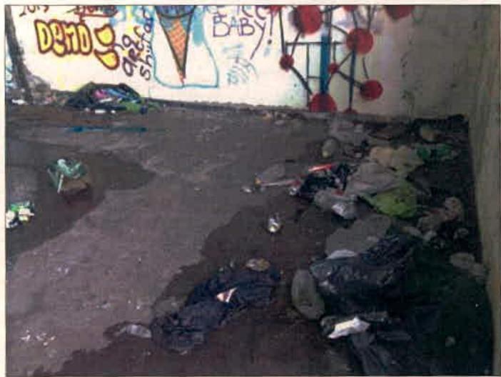 A photograph showing a littered ground area with a graffiti-covered wall in the background, likely depicting existing site conditions.