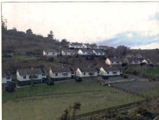 A photograph showing a row of white detached bungalows situated on a grassy hillside.
