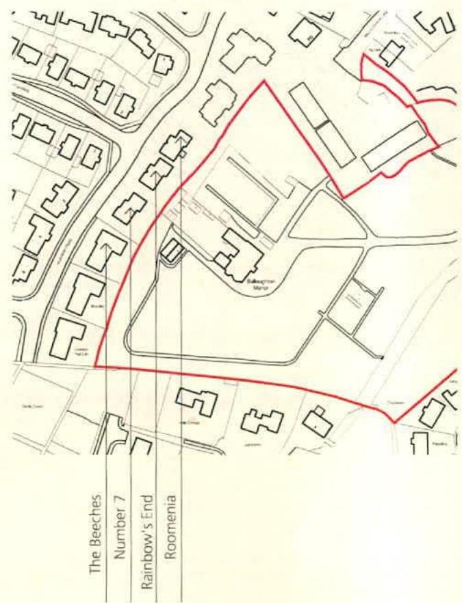 This image displays a site location plan showing the proposed development site outlined in red, situated among existing residential properties and roads.