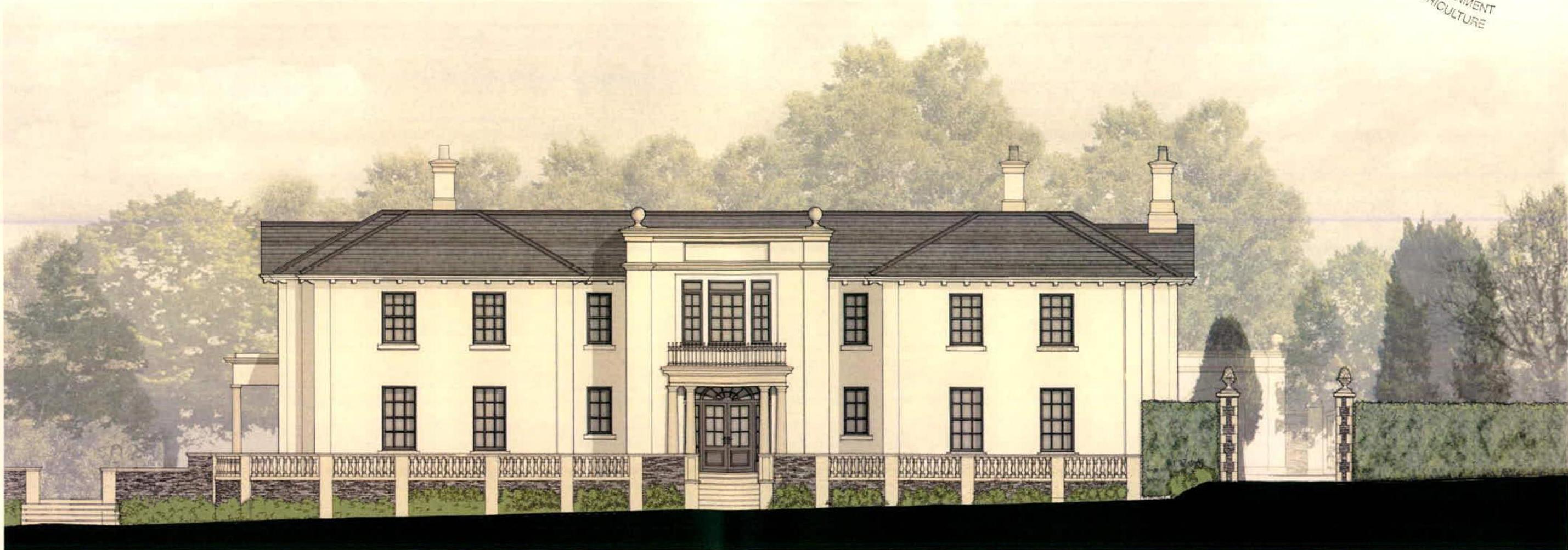 An architectural elevation drawing of a large, white, two-story detached house with a symmetrical facade, central entrance, and balustrade.
