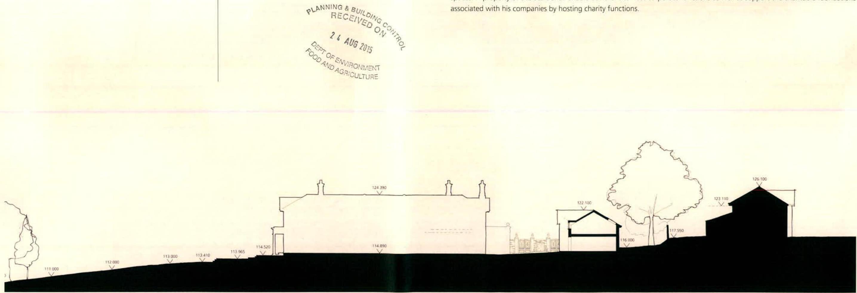 An architectural side elevation or section drawing showing building profiles, height levels, and landscaping features with a planning authority stamp.