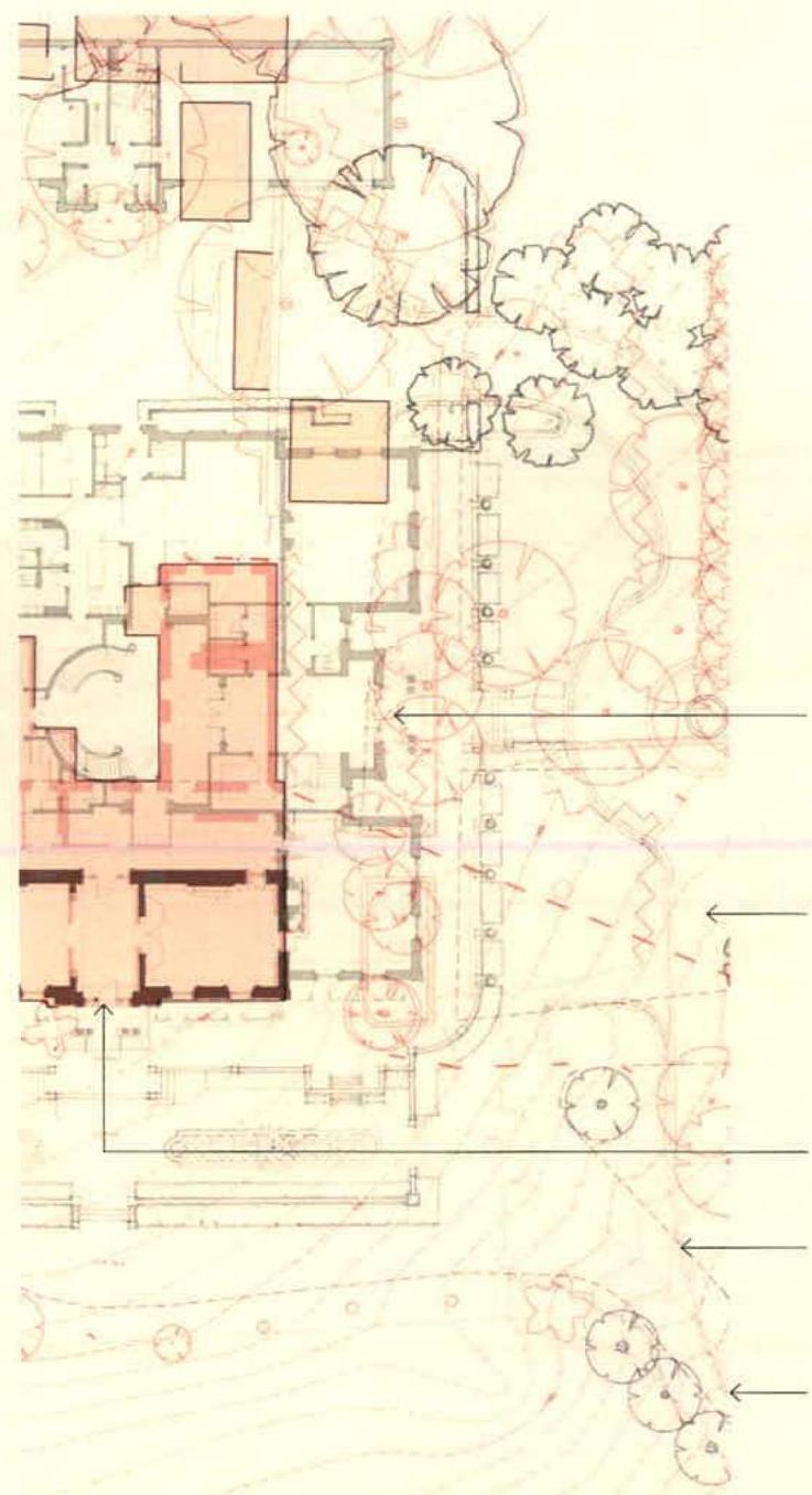Architectural site plan showing the layout of a replacement dwelling, detached garage, and detailed landscaping works.