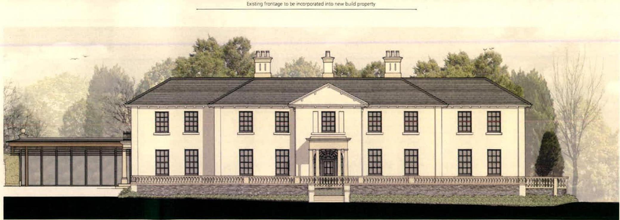 An architectural elevation drawing showing a large white detached house with a modern extension on the left side. Text at the top indicates the existing frontage is to be incorporated into a new build property.