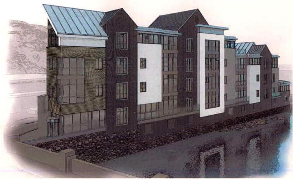 Architectural perspective rendering of a proposed multi-story office building with mixed brick and cladding.