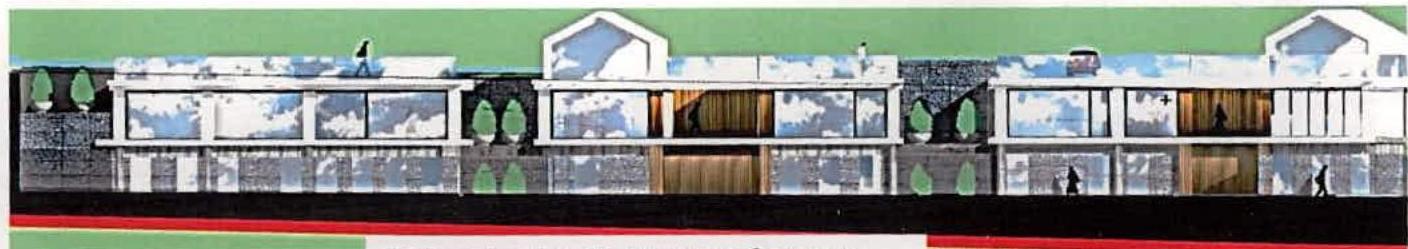 Architectural elevation rendering showing three modern detached dwellings with large windows and landscaping.