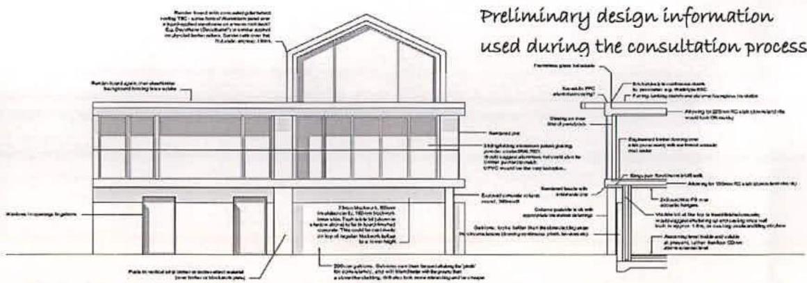 Architectural elevation drawing showing the preliminary design of a two-story detached dwelling with detailed construction annotations.