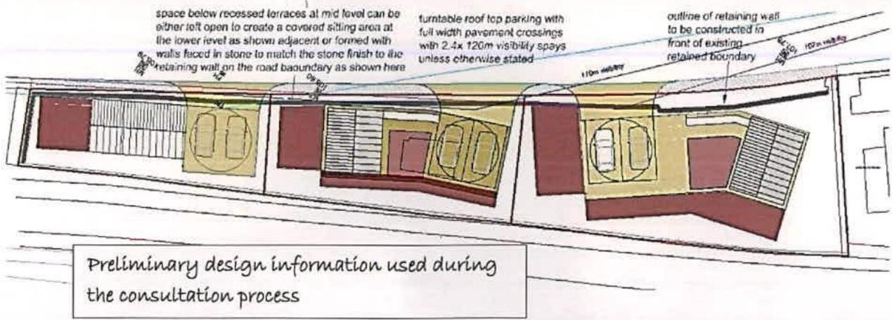 This image displays a preliminary architectural sketch or perspective rendering of a proposed development featuring three detached dwellings with annotations detailing parking and boundary walls.
