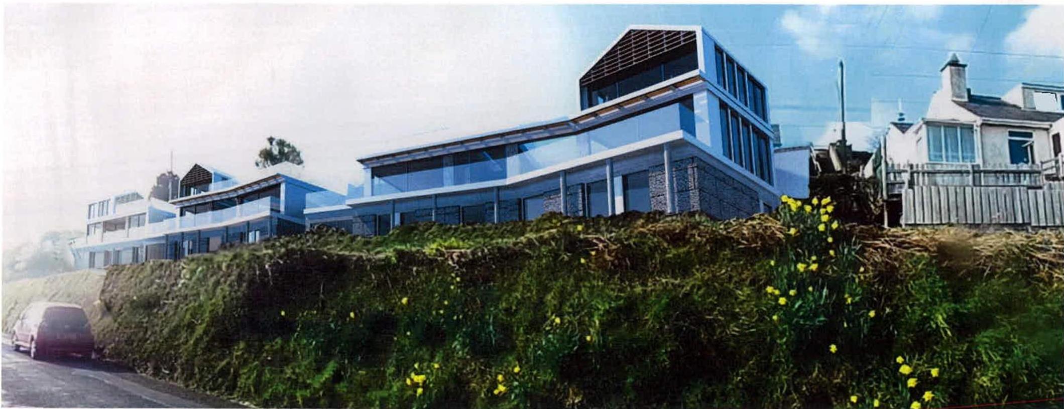 A photorealistic architectural rendering showing three modern detached houses on a grassy slope next to an existing property.