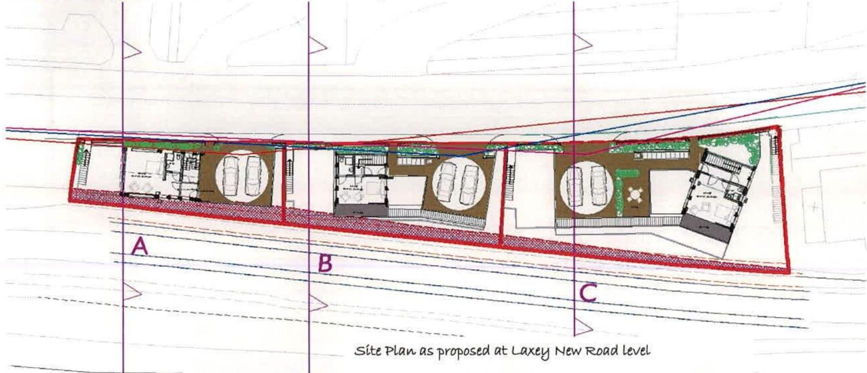 This image shows a site plan for three proposed detached dwellings labeled A, B, and C, illustrating their layout and garages along Laxey New Road.